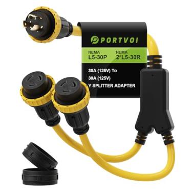 Imagem de Portvoi NEMA Cabo divisor de energia L5-30P para Dual L5-30R Marine Shore, 30 Amp 125V macho para dois adaptadores de travamento fêmea de 30 Amp 125V com vedações à prova d'água, STW resistente 10AWG
