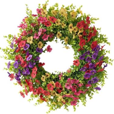 Imagem de Guirlanda para porta da frente, guirlanda de flores artificiais de buxo artificial de 55 cm com folhas de eucalipto para ambientes externos, ambientes internos, à prova de intempéries, resistente a UV