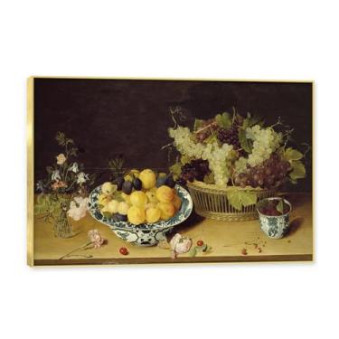 Imagem de Moldura dourada. Arte vintage emoldurada de frutas mortas, pintura clássica de cozinha country, decoração de parede de casa de fazenda quente para sala de jantar e cozinha. C17. 60 x 90 cm-23,7 x 35,5