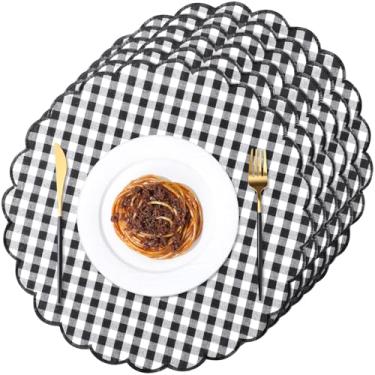 Imagem de Gandeer Conjunto de 6 jogos americanos redondos de linho de algodão de 38 cm com bordado recortado, lavável, camada dupla, tapete de mesa de jantar rústico, tecido decorativo para hotel, restaurante