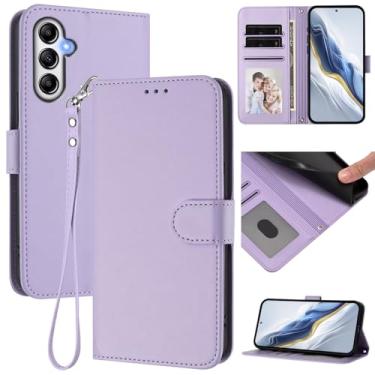 Imagem de Capa carteira para Samsung Galaxy A35 5G, capa fina de couro com compartimentos para cartões, alça de pulso e suporte, capa protetora à prova de choque para homens e mulheres (roxo claro)