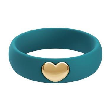 Imagem de ThunderFit Anéis de silicone para mulheres, aliança de casamento de silicone com pingente de coração banhado a ouro 14K, 5,5 mm de largura, 2 mm de espessura, 12.5 - 13 (22.33mm), Silicone, Sem pedra