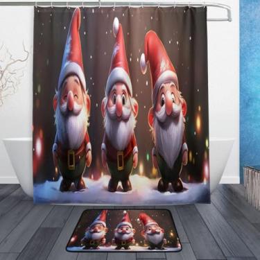 Imagem de xigua Gnomos de Natal fofos conjuntos de tapetes de cortina de banho 2 peças, conjunto de tema de banheiro (152 x 182 cm) com cortina de chuveiro e tapete antiderrapante -12 ganchos445