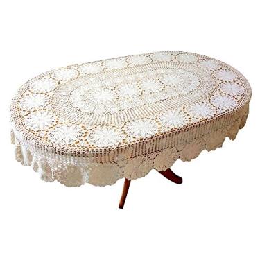 Imagem de USTIDE Toalha de mesa vintage feita à mão em crochê oval de algodão branco sobreposições elegantes decorações de mesa de casamento/festa, 150 x 210 cm