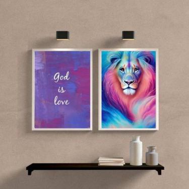 Imagem de Kit 2 Quadros Leão Galaxia Deus é Amor 45x34cm com Vidro