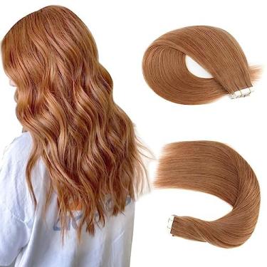 Imagem de Sassina Extensões de cabelo humano com fita adesiva 30 g/20 peças de trama invisível sem costura reutilizável platina claro cor ruivo 76 30 cm, 30
