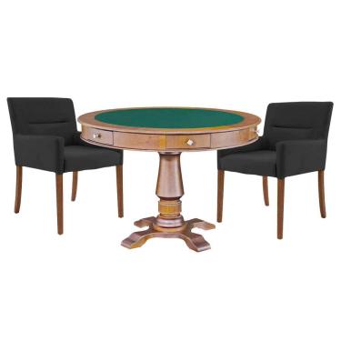 Imagem de Mesa de Jogos Carteado Victoria Tampo Reversível Amêndoa com Kit 2 Cadeiras Vicenza Preto Fosco