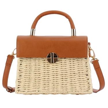 Imagem de Bolsa feminina de palha de tecido de verão PU alça superior bolsa feminina bolsa de praia para férias, Bege