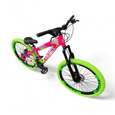 Imagem de Bicicleta Aro 26 Vikingx Tuff X25 Freeride Câmbios Shimano 21v Freio A Disco Aros Vmaxx Pneu Flame - Rosa-verde