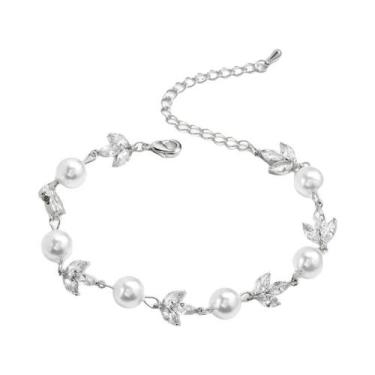 Imagem de Pulseira Elegante Feminina Com Zircônia Cúbica AAA E Pérolas Imitadas,