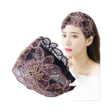 Imagem de Tiara Feminina Larga Com Renda Floral, Faixa De Cabelo Elástica Antide