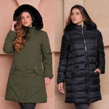 Imagem de Sobretudo Alongado Puffer Dupla Face com Capuz Peluciado COR:VERDE MIL