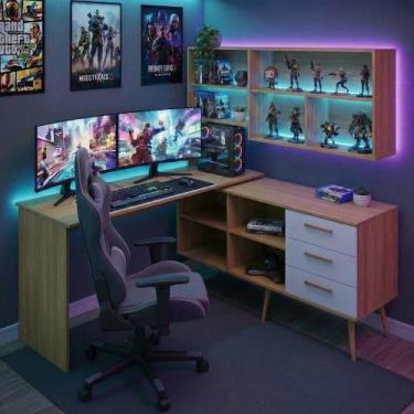Imagem de Mesa Gamer Em L Para Computador Com 3 Gavetas Nexus Multimóveis Mp6048