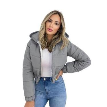 Imagem de Jaqueta Puffer Feminina Lisa Cinza Com Capuz Curta - Charme de Moça, C