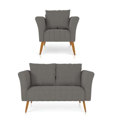 Imagem de Kit 01 Namoradeira 02 Lugares E 01 Poltrona Marilia Linho Pés Palito Castanho - D`rossi Cor A26 Grafite