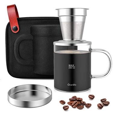 Imagem de Oranlife Conjunto de cafeteira Pour Over para viagem/acampamento/caminhadas, copo único, filtro de café de aço inoxidável, caneca de vidro borossilicato de 400 ml, tampa extra permanente e estojo de neoprene moldado, em casa/escritório