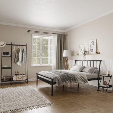 Imagem de Conjunto Cama Casal 2 Mesas de Cabeceira e Arara de Roupas em Aço Begônia CabeCasa MadeiraMadeira Preto Metálico