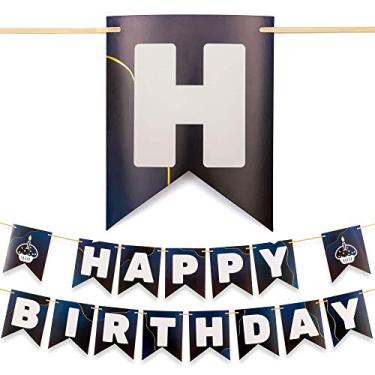 Imagem de CORRURE Faixa de feliz aniversário - Banners azuis pré-amarrados com folha dourada - Faixa de bandeira de festa grande para mulheres, homens, meninas ou meninos - Suprimentos de decoração de aniversário de qualidade divertida - Não é necessário montar