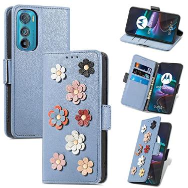 Imagem de Capas de telefone de flores tridimensionais compatíveis com Motorola Edge 30 Edge30 capa de couro slots de cartão da moda capas de clipe de carteira à prova de choque (azul, Motorola Edge 30)