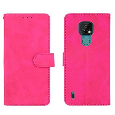 Imagem de Capa tipo carteira flip para Motorola Moto E7, capa carteira de couro PU com suporte para cartão de crédito, alça de pulso, capa protetora à prova de choque para Motorola Moto E7 Capa traseira de telefone (Cor: Rosa vermelho)