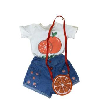 Imagem de Conjunto Fruta Infantil Camiseta Shorts Jeans E Bolsa Menina - Same