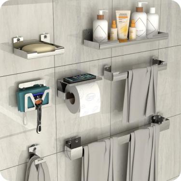 Imagem de Kit Acessórios Para Banheiro Inox Com Adesivo 7 Peças elg