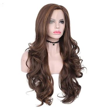 Imagem de Peruca sintética marrom com tela frontal, peruca ondulada, fibra resistente ao calor, peruca de linha do cabelo natural