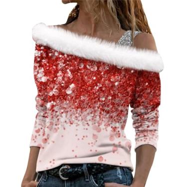 Imagem de Elogoog Moletom feminino engraçado de Papai Noel floco de neve fora do ombro vintage manga longa Y2K gola V, Transparente., 5G