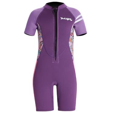 Imagem de Roupa de mergulho infantil manga curta maiô quente neoprene peça única para surfe mergulho mergulho mergulho proteção solar traje de mergulho proteção UV zíper frontal Rash Guard roxo G