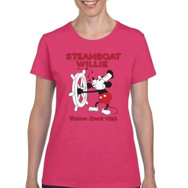 Imagem de Camiseta Steamboat Willie Vibing Since 1928 icônica retrô desenho animado mouse atemporal clássico vintage Vibe camiseta feminina, Rosa choque, M