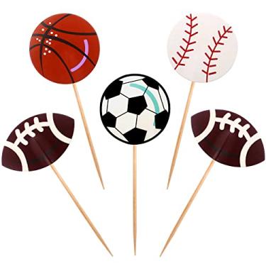 Imagem de BLUE TOP 48 peças Toppers de cupcake bola esportiva dos dois lados jogadores tema esportivo palhetas de cupcake decoração de festa de aniversário futebol beisebol basquete rúgbi palhetas de decoração