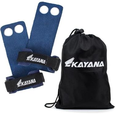 Imagem de Puxadores de mão de ginástica de couro Kayana com 2 orifícios – Proteção de palma e suporte de pulso para treinamento cruzado, Kettlebells, levantamentos, levantamento de peso, levantamento de queixo, treino, exercícios, Azul, Medium