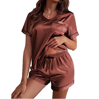 Imagem de Ekouaer Conjunto de pijama feminino de cetim manga curta com gola V, Caramel, XG