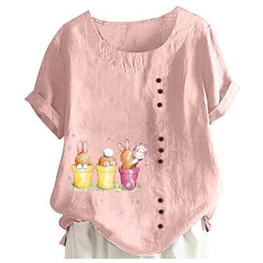 Imagem de Camiseta feminina de linho de Páscoa, estampa de coelho, manga curta, túnica, gola redonda, caimento solto, blusa casual, rosa, 5G