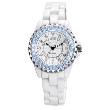 Imagem de Gosasa Relógio de pulso feminino de luxo moderno com strass branco relógio de cerâmica casual feminino bonito relógios sociais, Azul-celeste