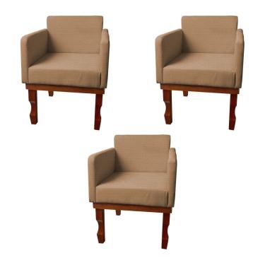 Imagem de Kit 3 Poltronas Nina Retrô Pés de Madeira Maciça Linho Marrom