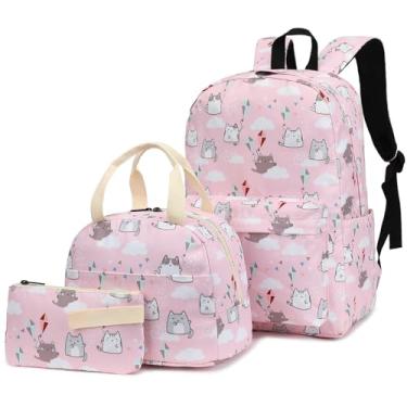 Imagem de Kouxunt Mochilas escolares para meninas e adolescentes, conjunto de mochilas escolares 3 em 1 com lancheira, estojo de lápis, Gato rosa, Large, Moderno