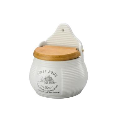 Imagem de Saleiro de Parede de Cerâmica com Tampa de Bambu Sweet Home 10cm x 7,5cm x 13cm -Lyor