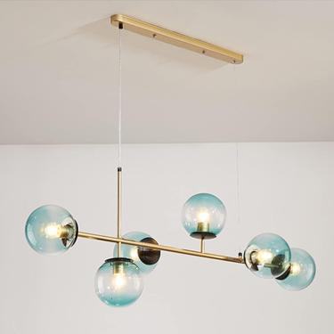 Imagem de Lustre moderno de globo de vidro com 6 luzes, lustres industriais de meados do século, luminária pendente de teto linear, luz suspensa de metal com abajur de bola de vidro para sala de estar