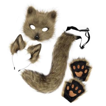 Imagem de Fiocias Conjunto de Máscara E Cauda Therian, Decoração, Máscara de Gato Fofa para Baile de Máscaras de Natal E Feriados, Grama Amarela
