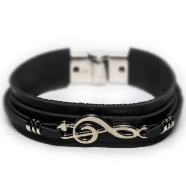 Imagem de Pulseira de Couro Masculina Clave de Sol - Vorax Acessórios, Preto, G 