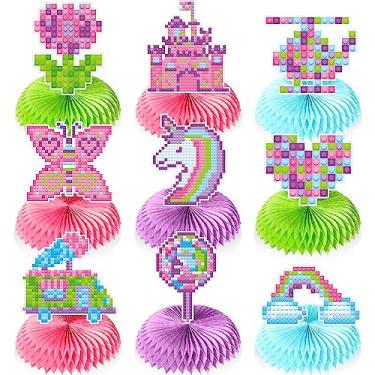 Imagem de Colarr 9 Pieces Pink Building Block Party Girls Supplies Honeycomb Table Centerpieces Building Block Birthday Party Supplies Kids Brick Themed Birthday Party Decorations Classic Cake Topper