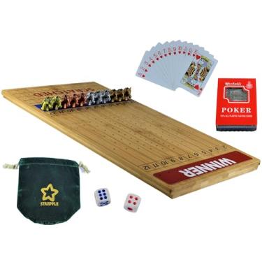 Imagem de STARPPLE Jogo de Tabuleiro de Corrida de Cavalos com Tabuleiro de Madeira de 22” e 11 Cavalos de Metal Antigo (Gold, Silver, Red Copper & Bronze), Dados e Cartas (HR-F554)