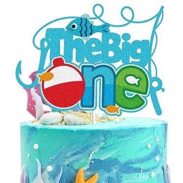 Imagem de The Big One Happy Birthday Cake Topper Fishing Blue Glitter Happy 1st Birthday One Year Old Gone Little Fisherman Cake Decoration Bobber Fish Man Fishery Pole Fisher Birthday Party Supplies