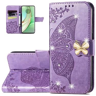 Imagem de Dinglijia Capa carteira para Motorola Edge 40, capa de couro PU padrão borboleta com fecho magnético e compartimentos para cartão de dinheiro para Moto Edge 40, strass roxo claro