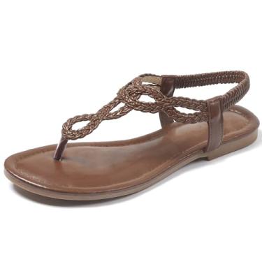 Imagem de zeetoo Sandálias femininas com strass, rasteirinhas, tiras em T, tanga boêmia casual elegante sandálias femininas, Tecido caramelo, 35