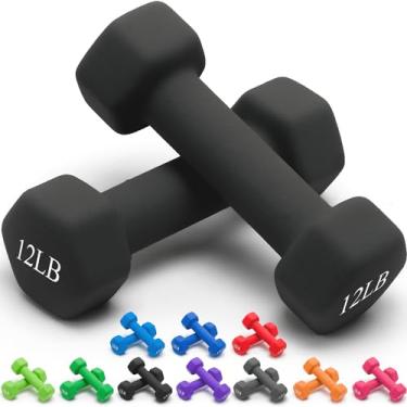 Imagem de Portzon Pesos Halteres 10 opções de cores compatíveis com conjunto de 2 halteres de neoprene, 0,5-6,8 kg, antiderrapante, antirolamento, formato hexagonal