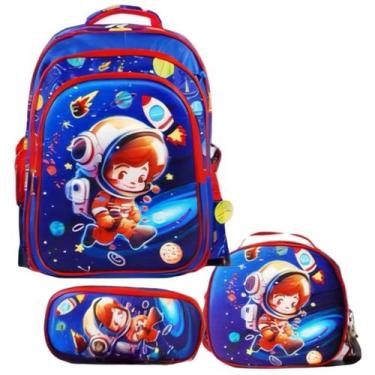 Imagem de Kit Mochila Infantil Costas Escolar Menino Estojo Lancheira Astronauta