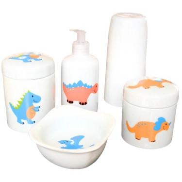 Imagem de Kit higiene bebê Dinossauro 5 peças - potes, porta álcool, garrafa tér