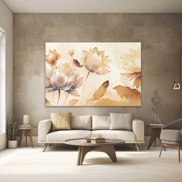 Imagem de Quadros Decorativos para Quarto Sala 90x60 Bege Floral Horizontal Grande Escritório Hall